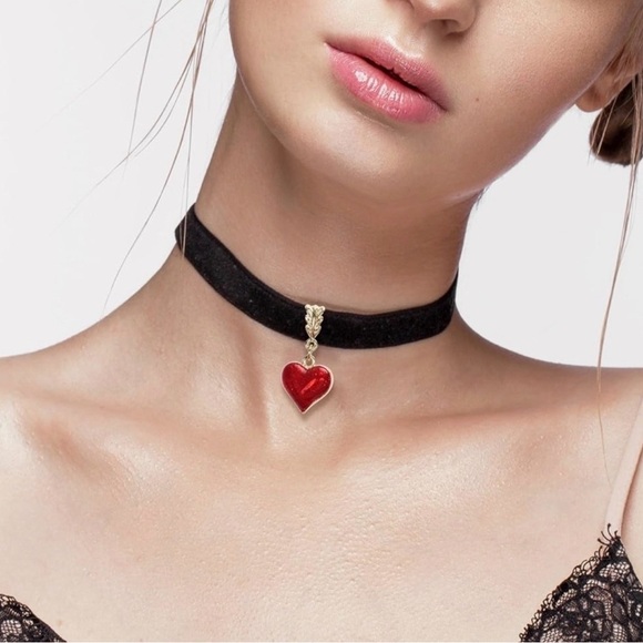 Punk Black Choker Necklace with Red Heart Pendant 〰️ ❤️ - Picture 1 of 5